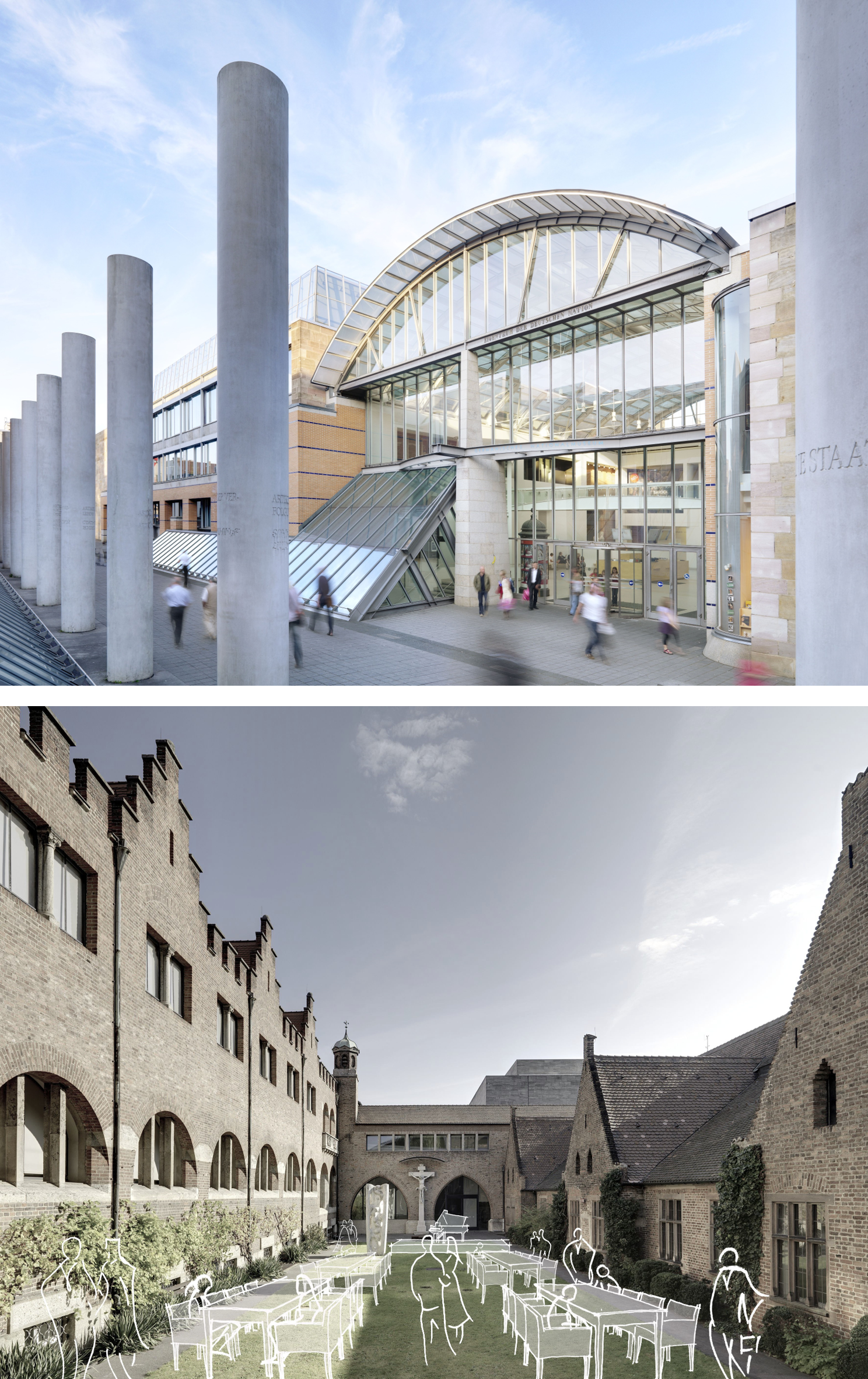 Das obere Bild zeigt den Eingangsbereich des Museums, das untere Bild den Klostergarten